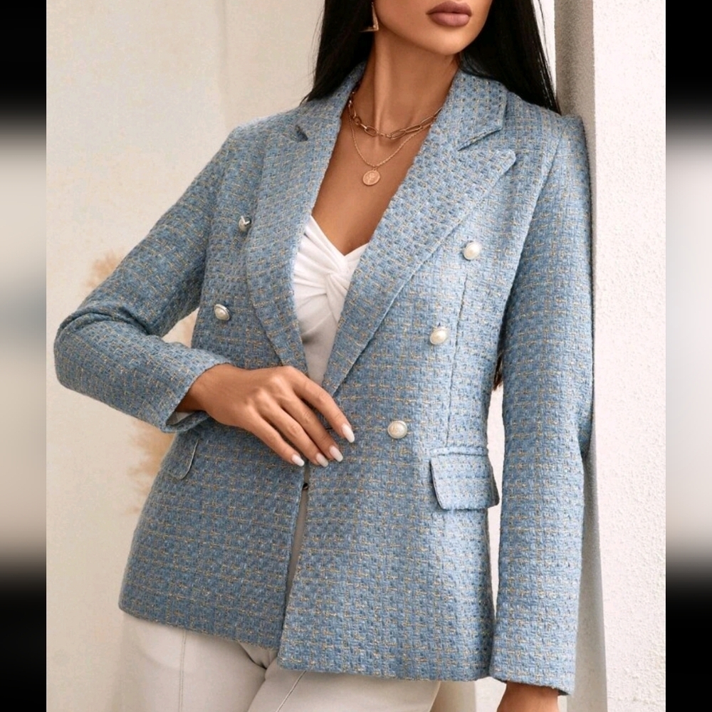 Plaid Print Double Breasted Blazer Workwear  - Picture 3 of 4